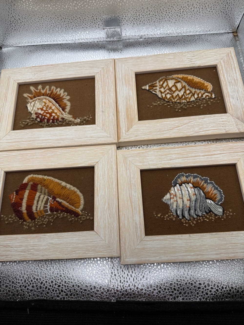 Framed Embroidered Seashell Wall Art Set in Brown and Cream